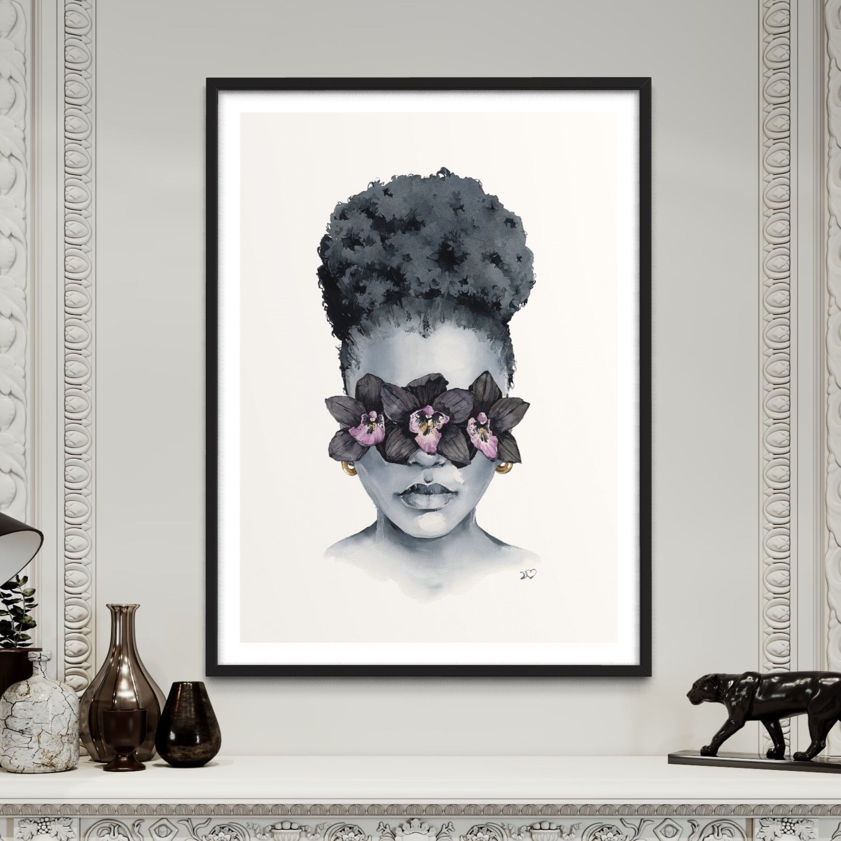 Black Orchid blindfolded print by Polina Bright in interior