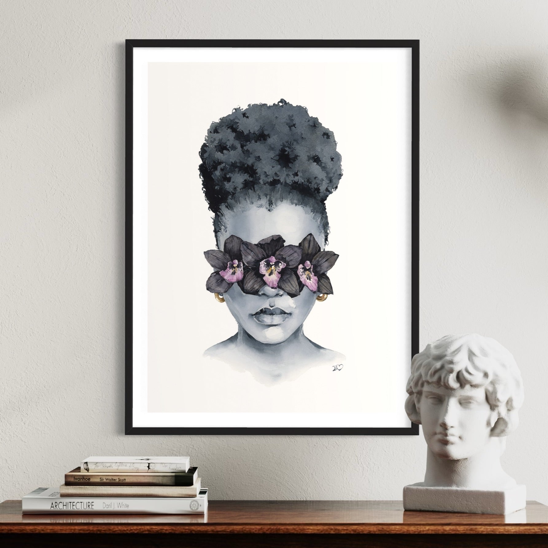 Black Orchid blindfolded print by Polina Bright in interior