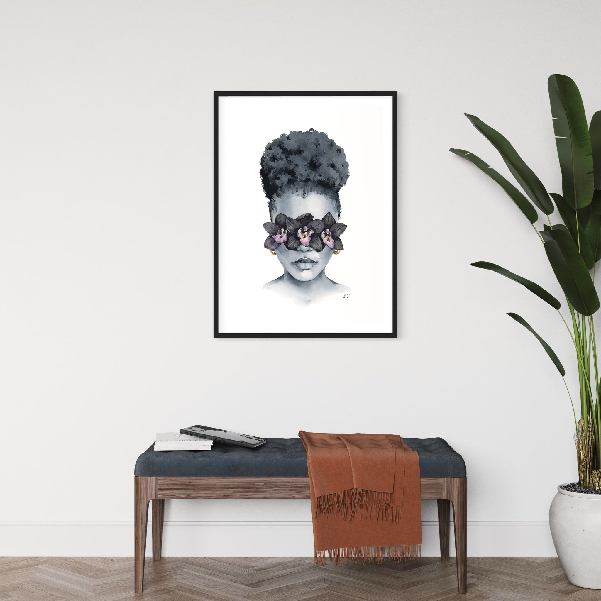 Black Orchid blindfolded print by Polina Bright in interior
