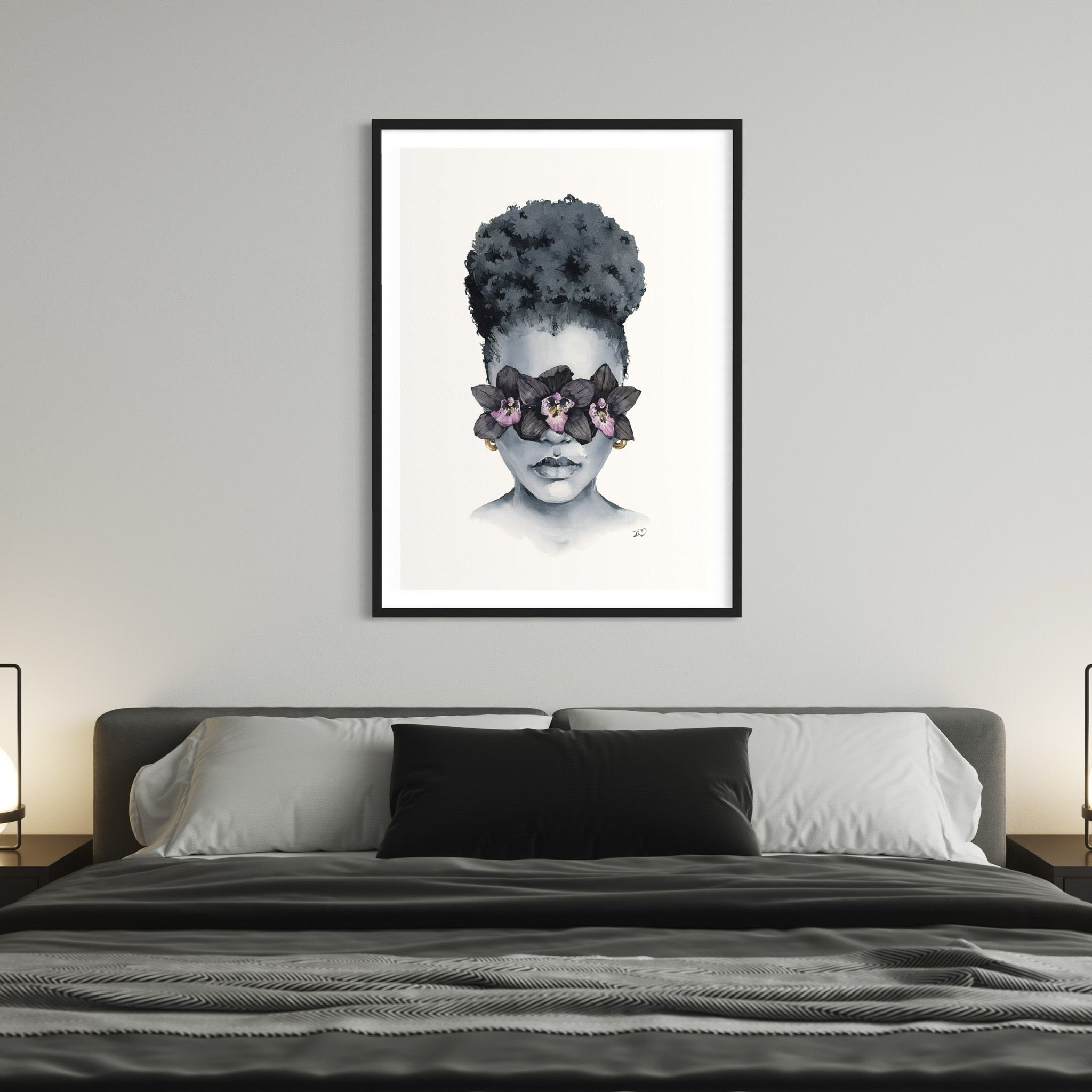Black Orchid blindfolded print by Polina Bright in interior