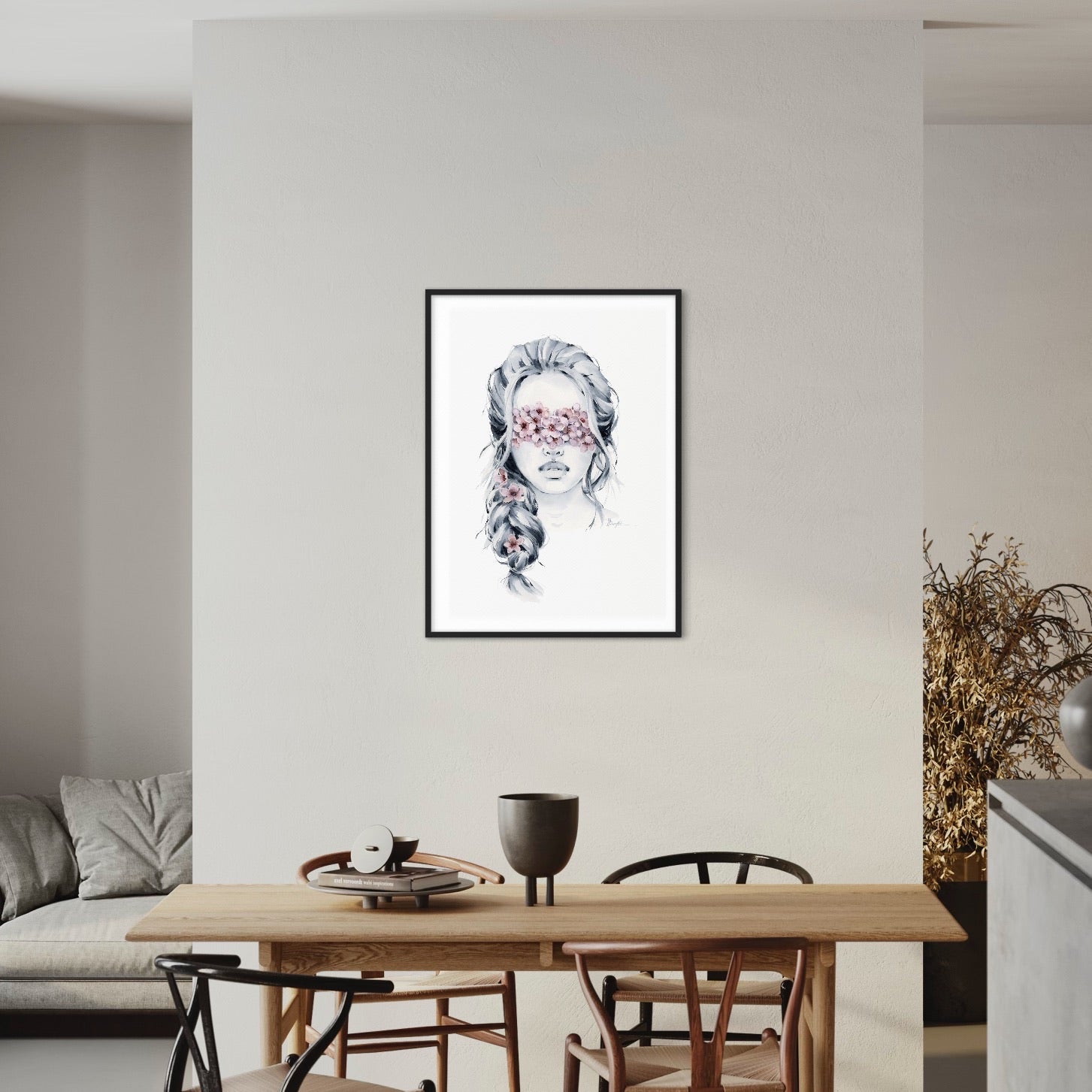 Cherry Blossom blindfolded print by Polina Bright in interior