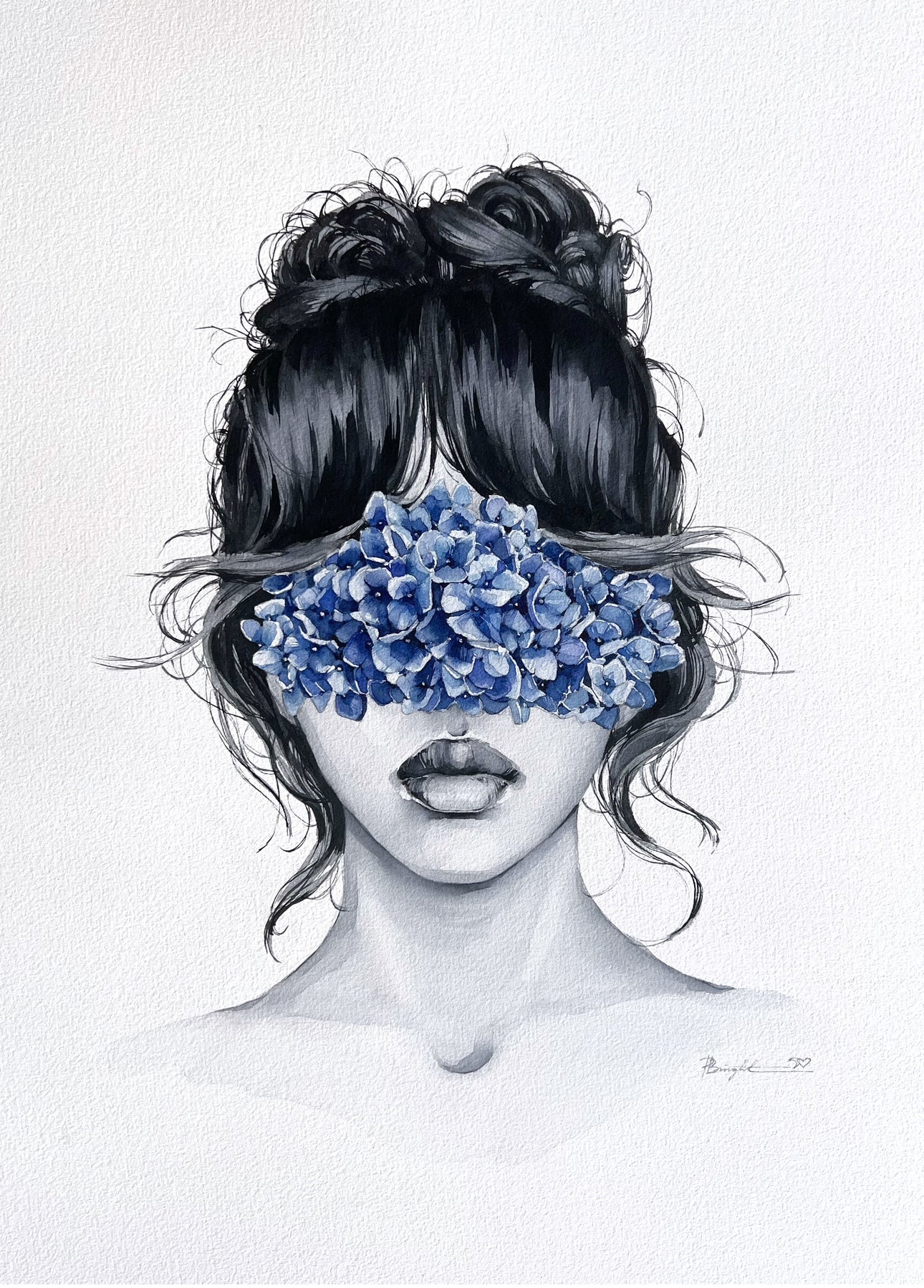 Blue hydrangea blindfolded - original painting