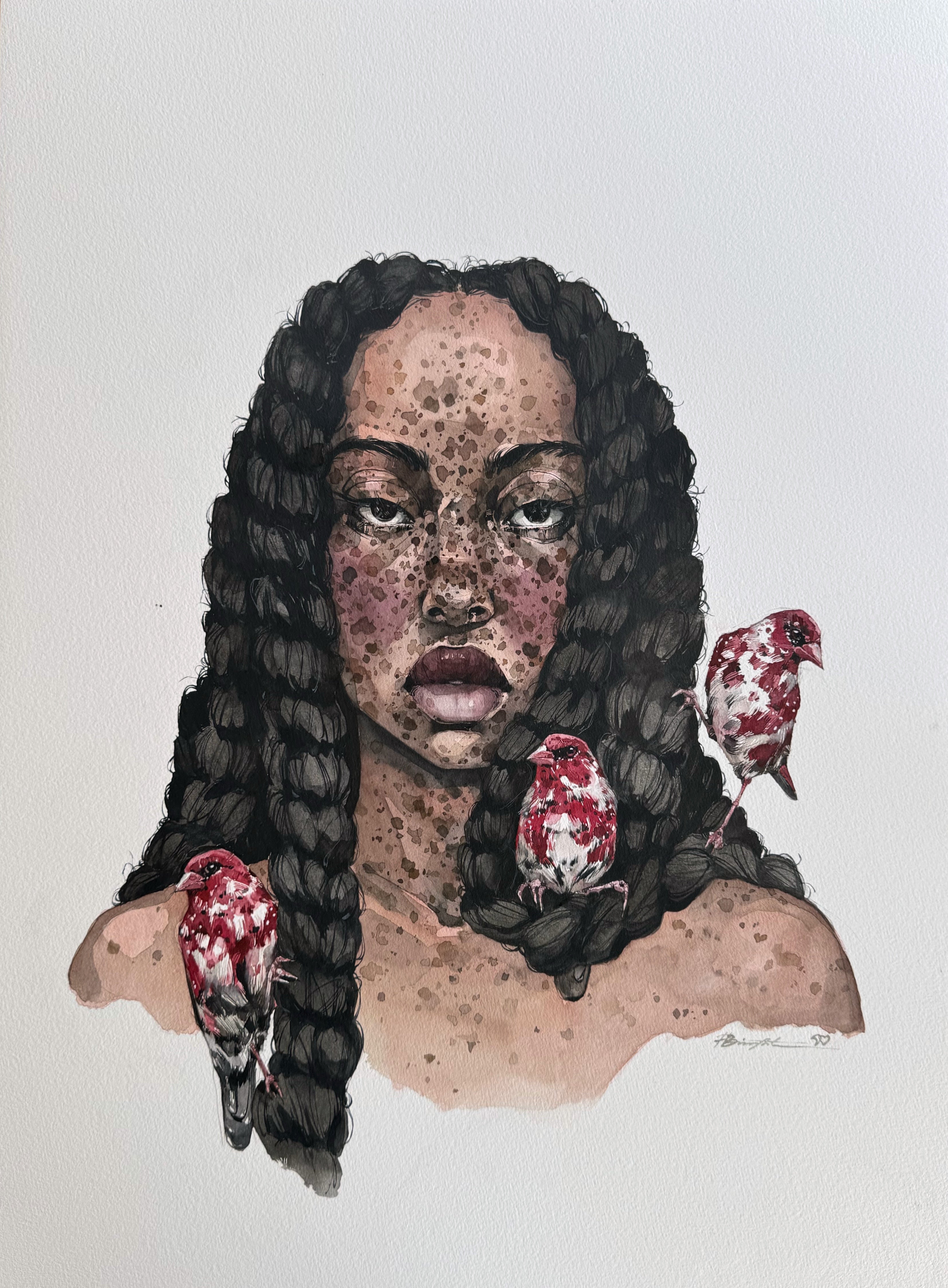Girl with strawberry finches