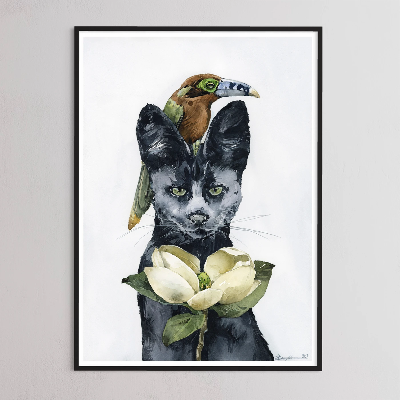 Trio: Spot-billed toucanet • Black Serval • Little Gem magnolia - print by Polina Bright
