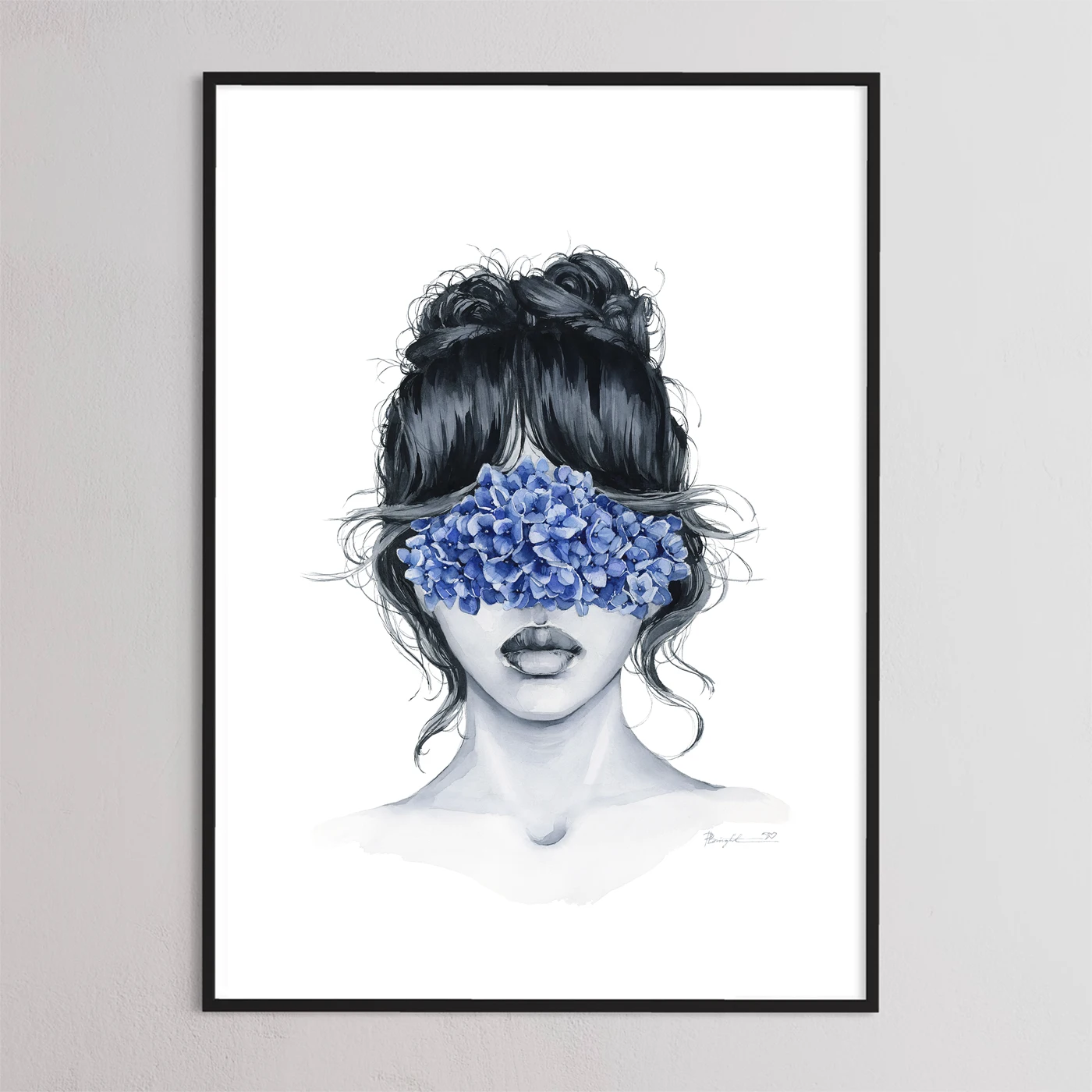 Blue Hydrangea blindfolded print by Polina Bright