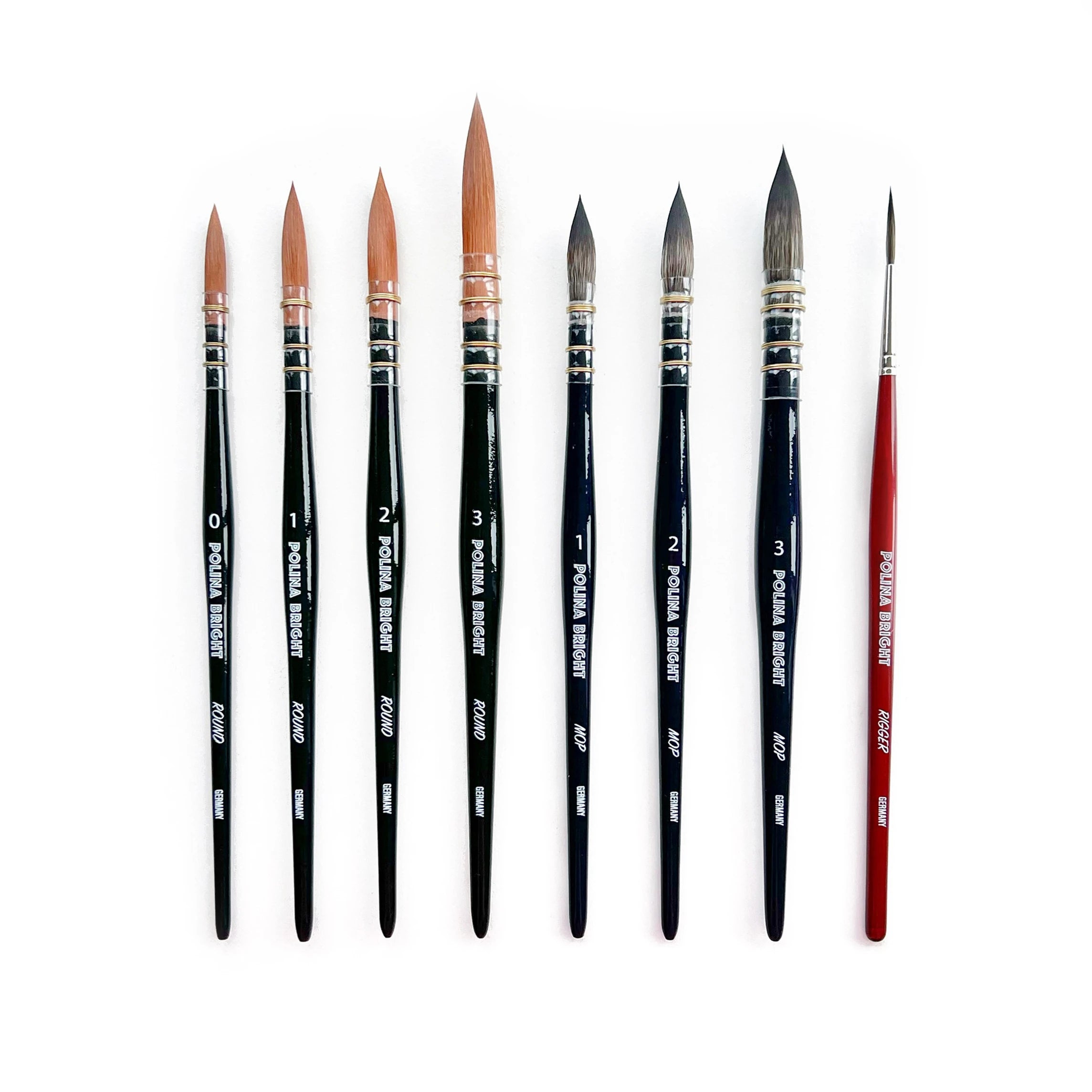 All Polina Bright brushes - Mop, Round and Rigger watercolor brushes