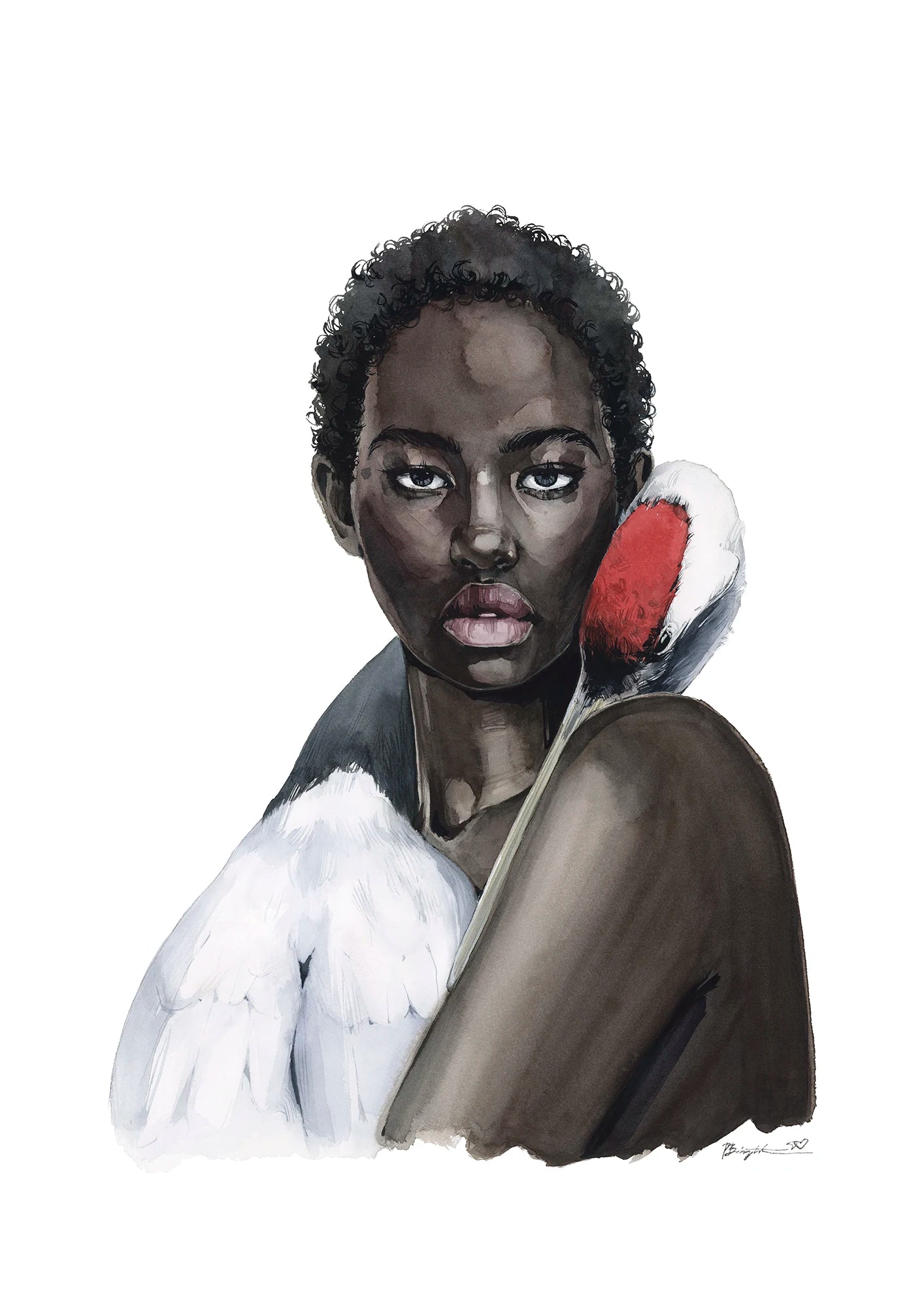 Girl with red crowned crane print by Polina Bright