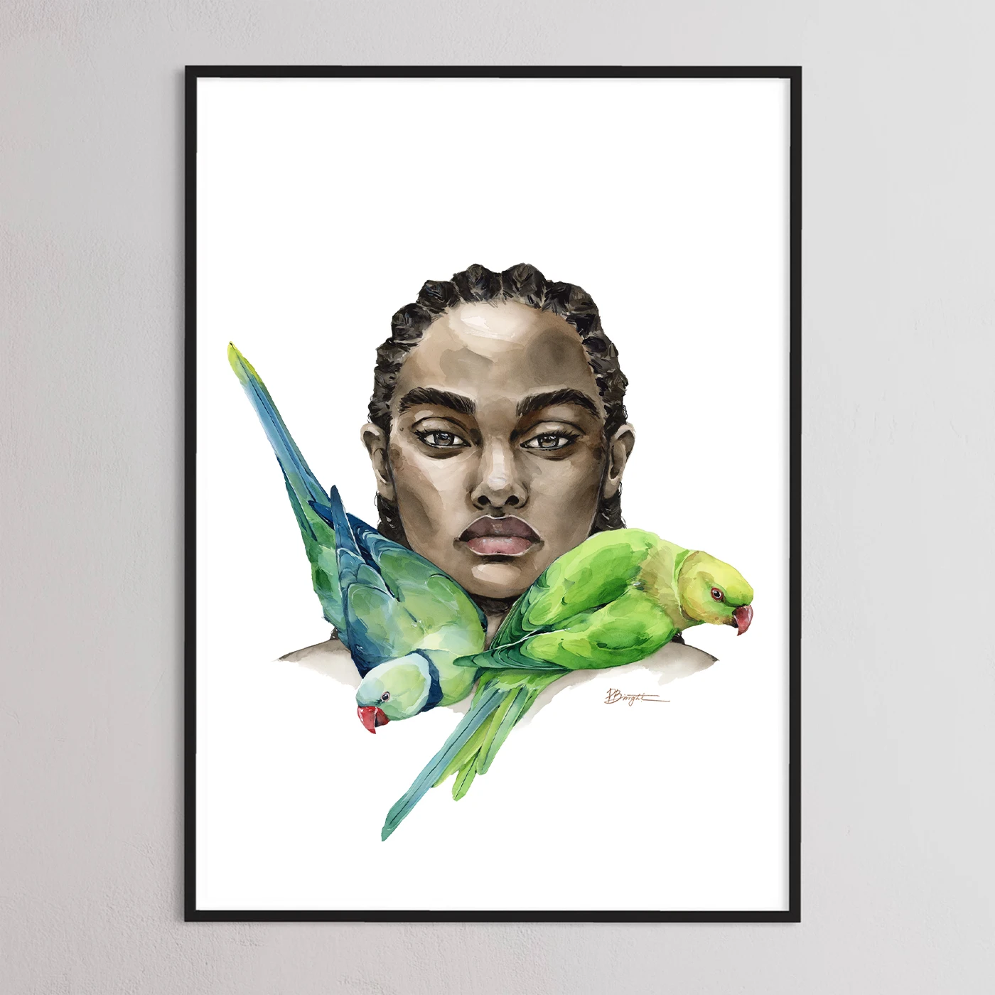 Girl With Ringneck Parakeets print by Polina Bright