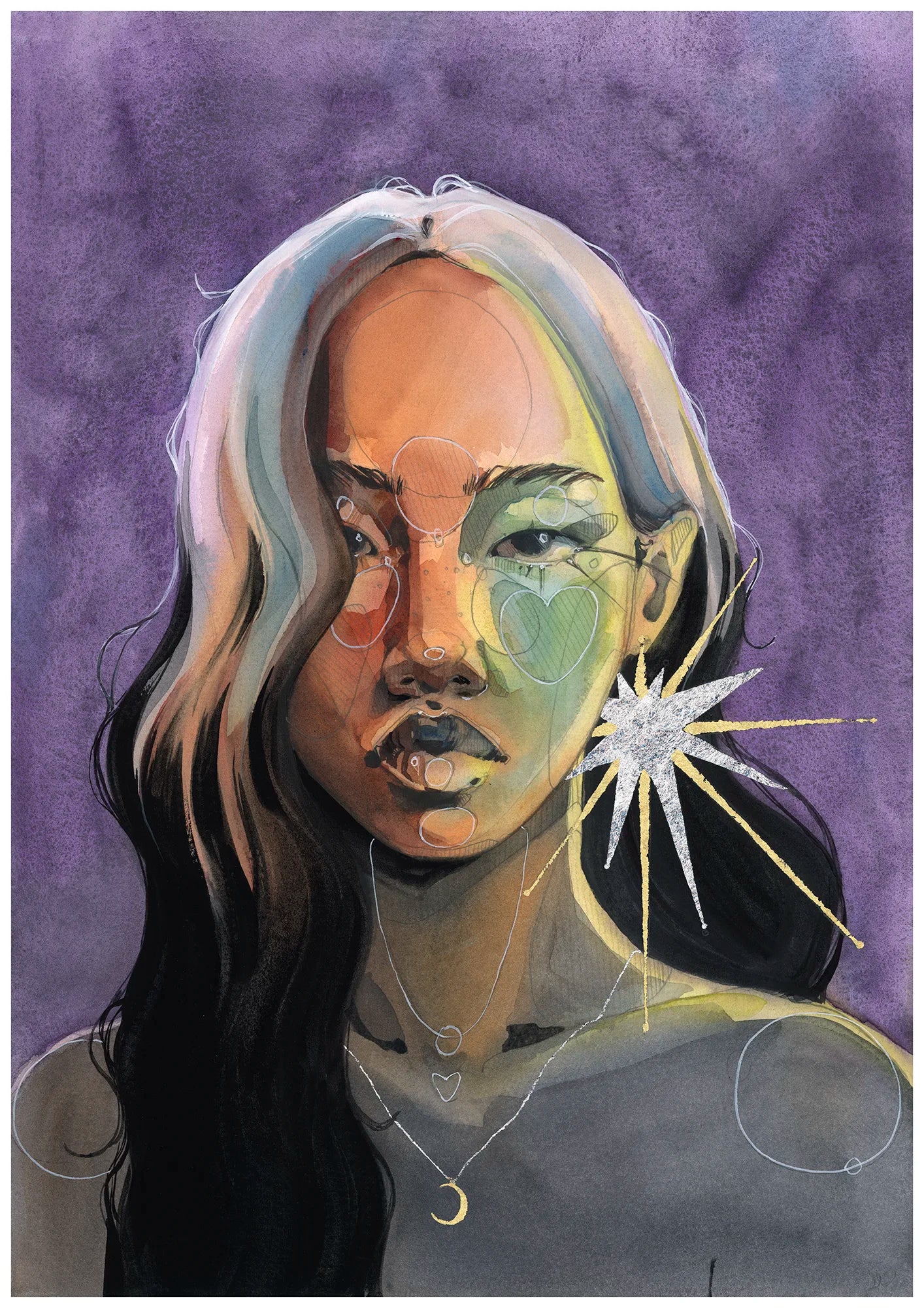 Silver glow by Polina Bright - a portrait of a person with a star-shaped earring on a purple background