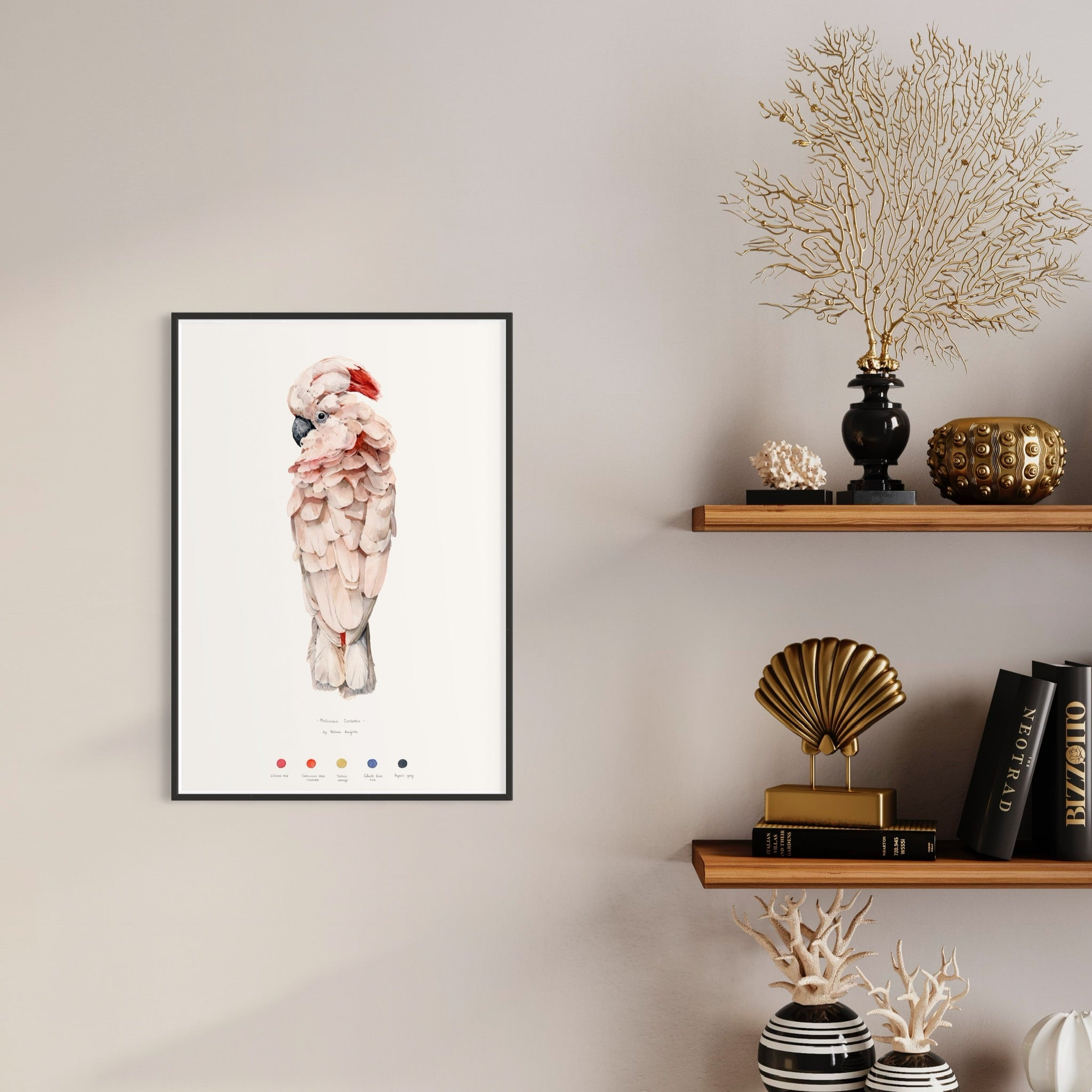 Moluccan cockatoo print by Polina Bright in interior