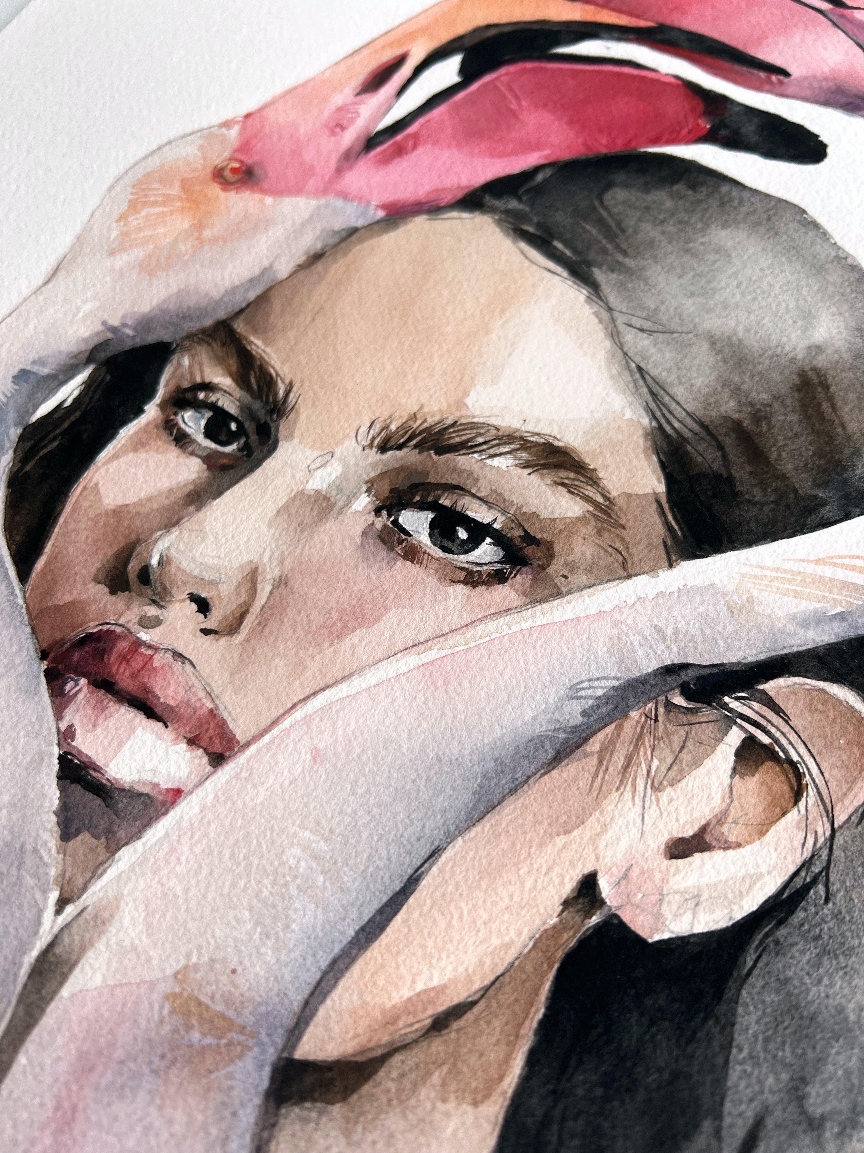 "Girl with Flamingos" - original painting - Polina Bright