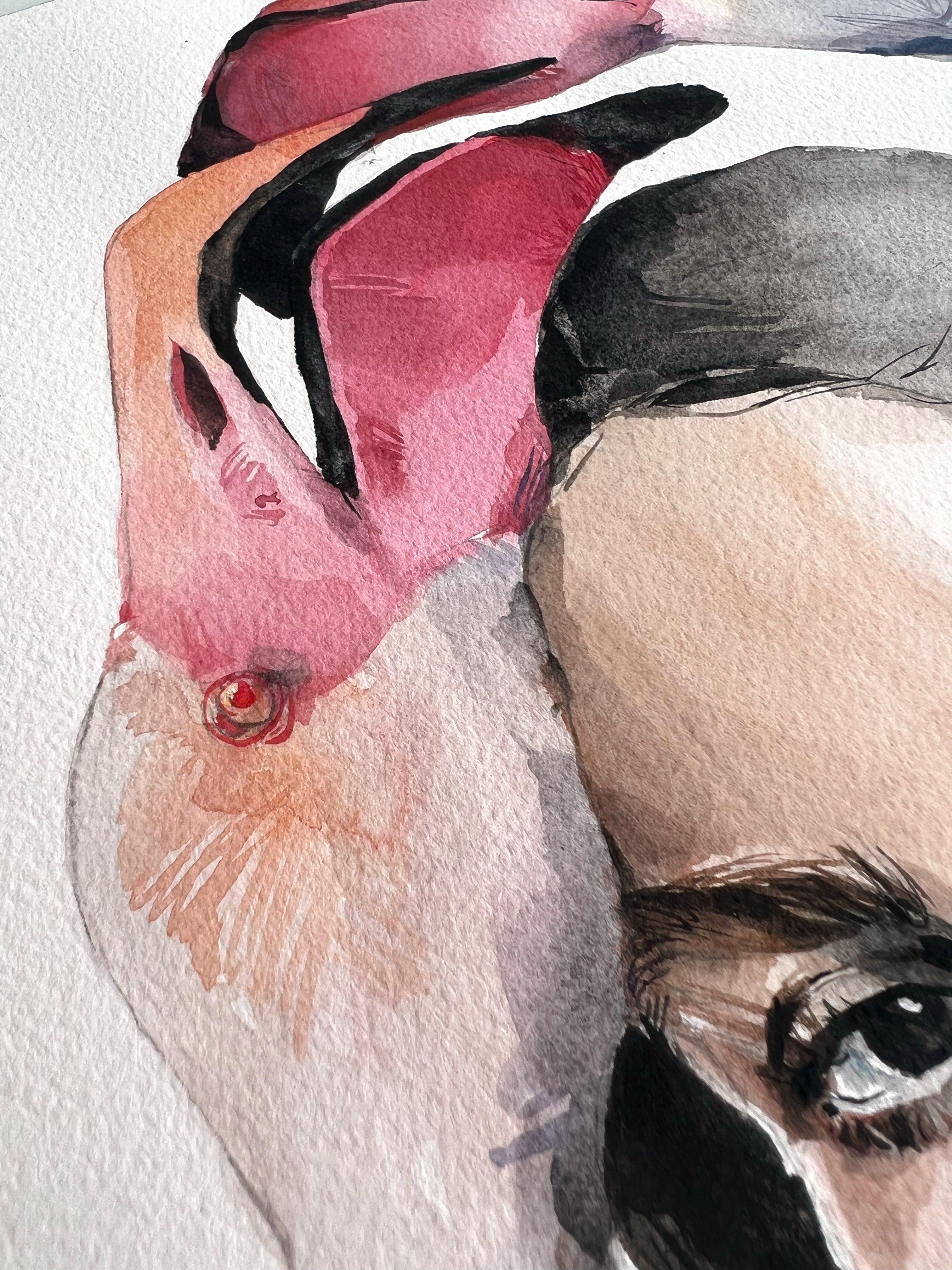 "Girl with Flamingos" - original painting - Polina Bright