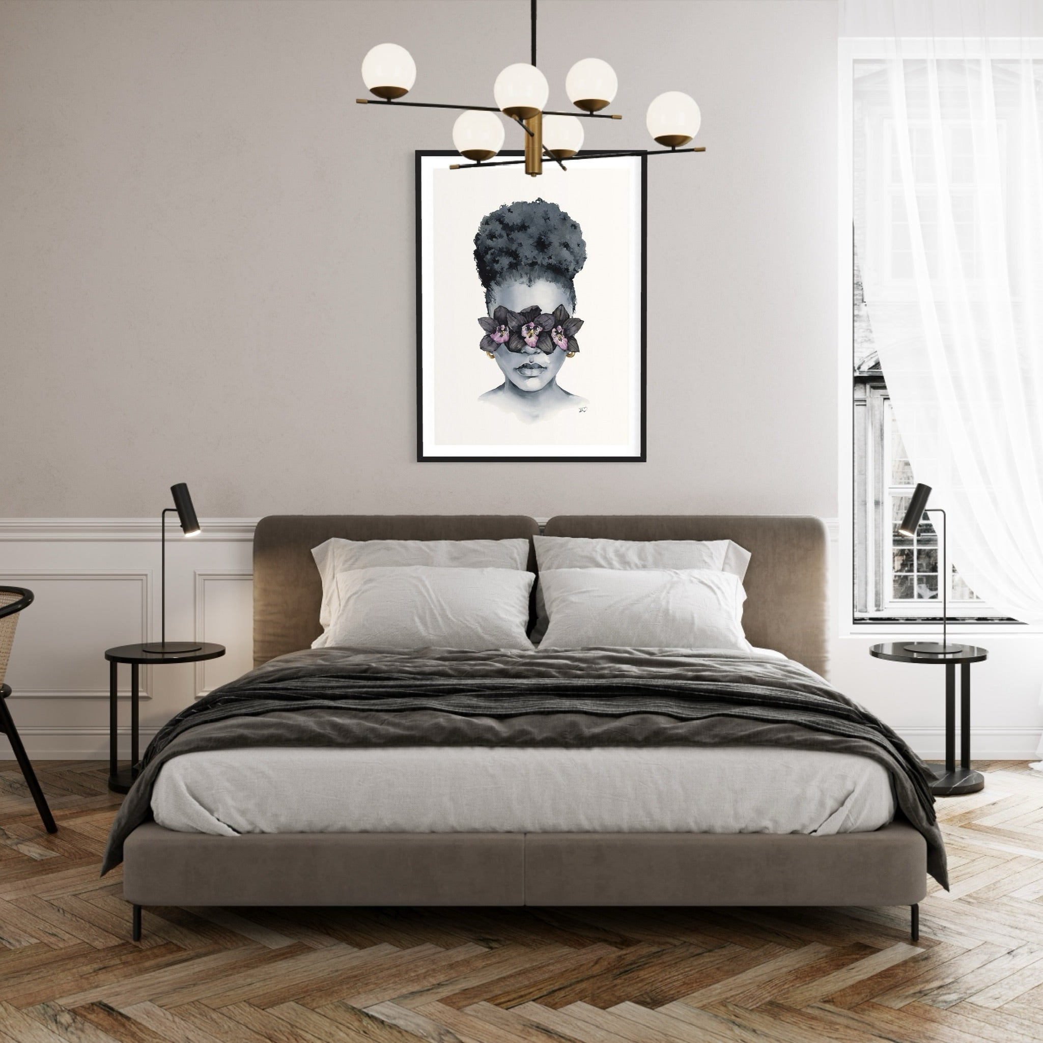 Black Orchid blindfolded print by Polina Bright  in interior
