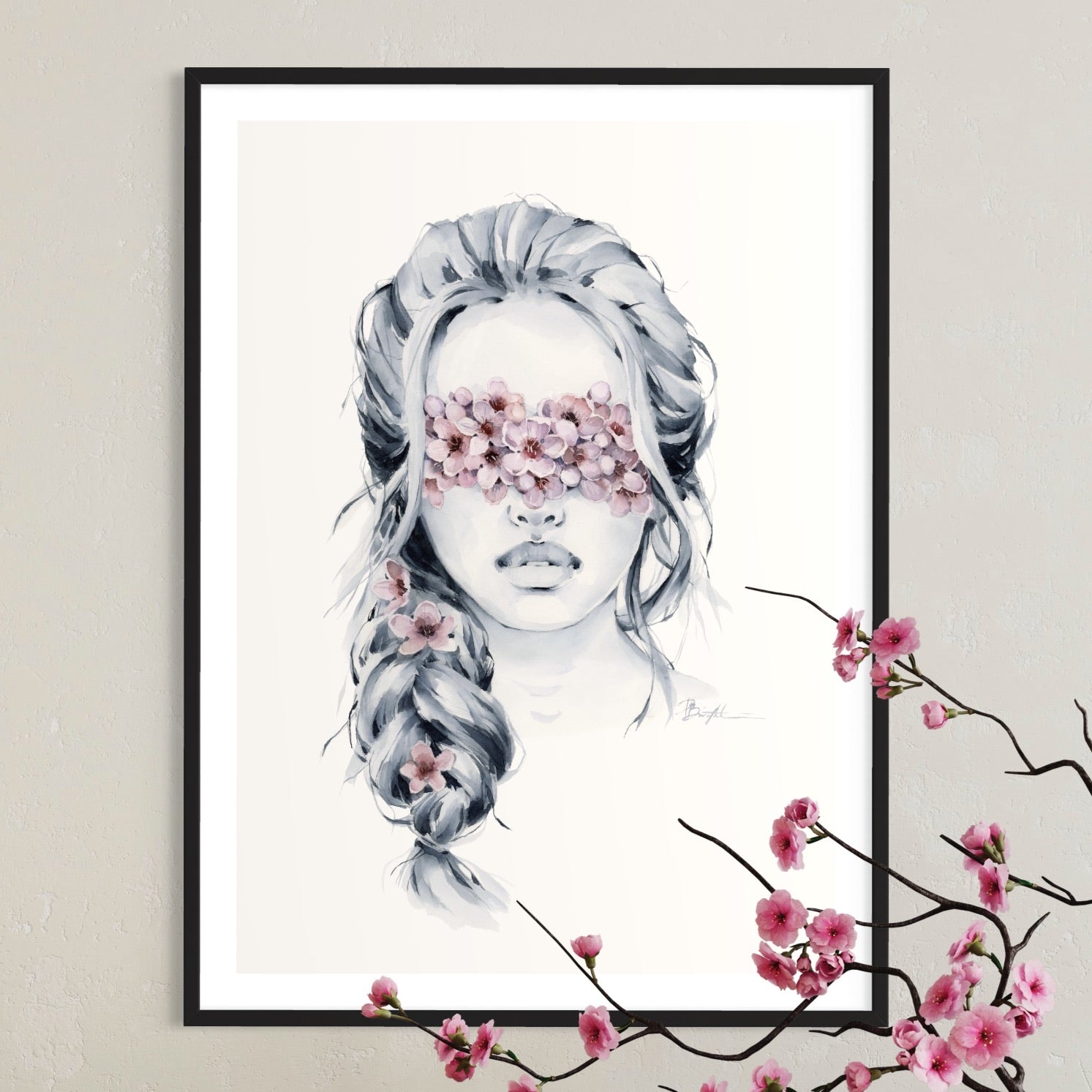 Cherry Blossom blindfolded print by Polina Bright in interior