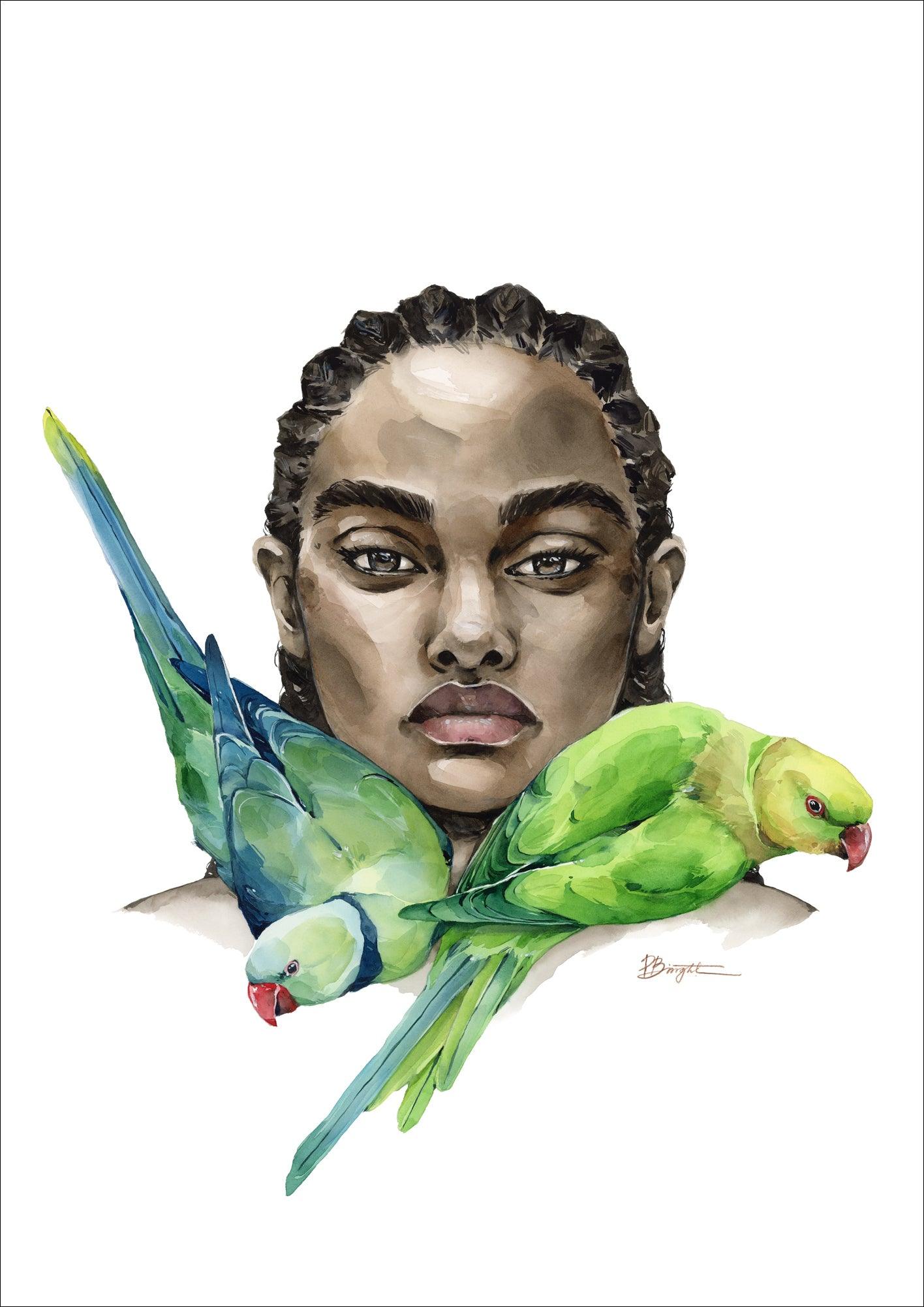 Girl With Ringneck Parakeets - Polina Bright