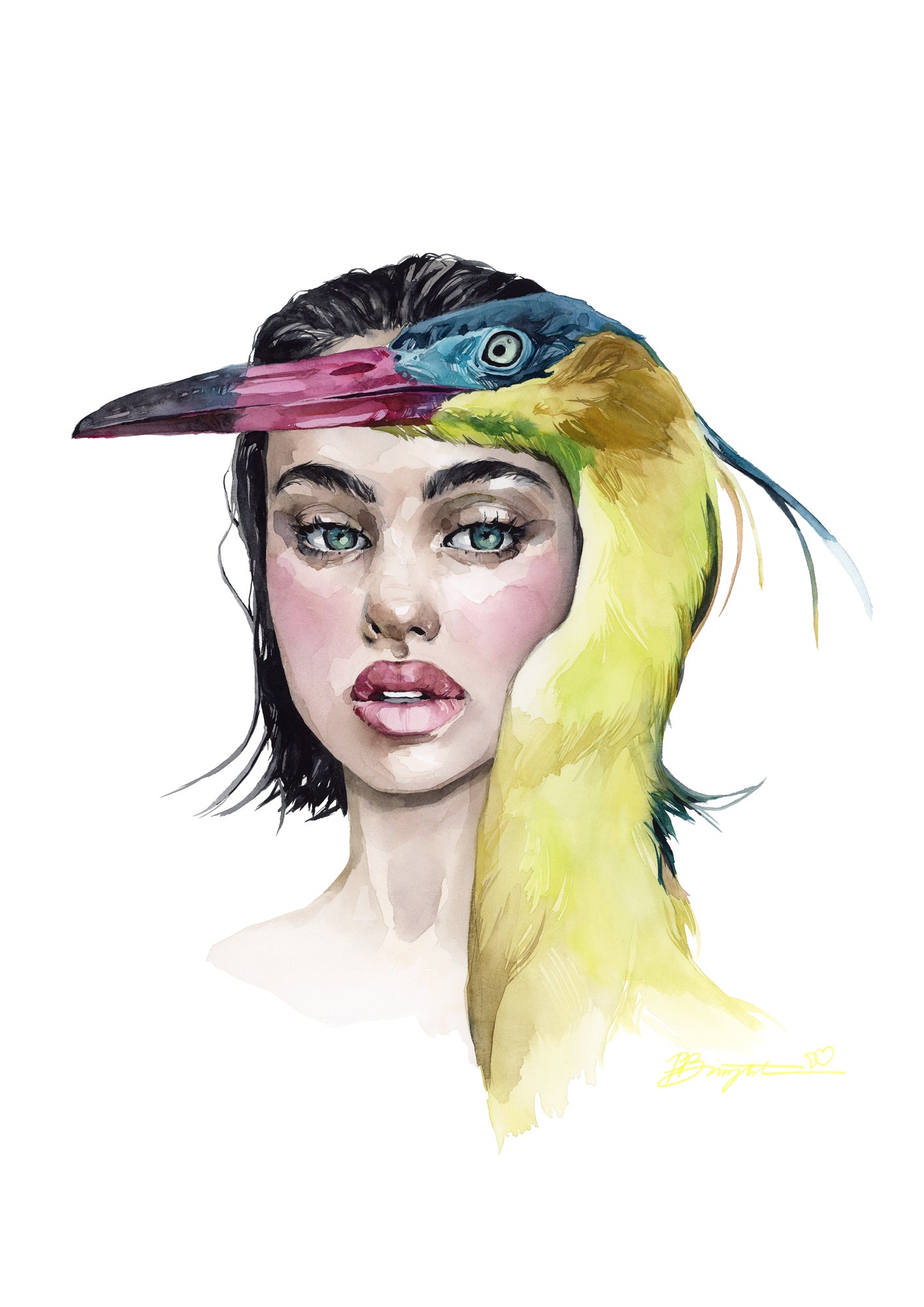 Girl with whistling heron print by Polina Bright