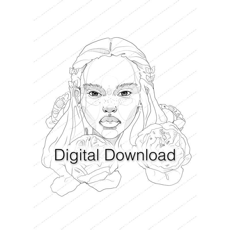 Girl With Peonies - Coloring Page - Digital - Polina Bright